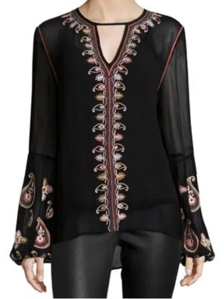 Anthropologie Love Sam Black Embroidered Peasant Top Sheer Boho Size Small